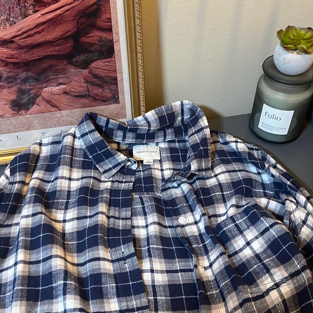 American Eagle Blue and White plaid button down flannel